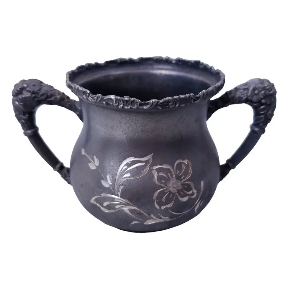 Antique Silverplate Etched Spooner Sugar Creamer 4pc Set Engraved Vintage Decor